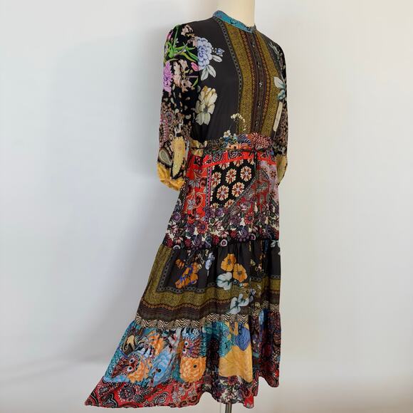 Johnny Was Silk Tibby Jaime 3/4 Sleeve Tiered Maxi Dress Multicolor Patchwork XS - Picture 8 of 15